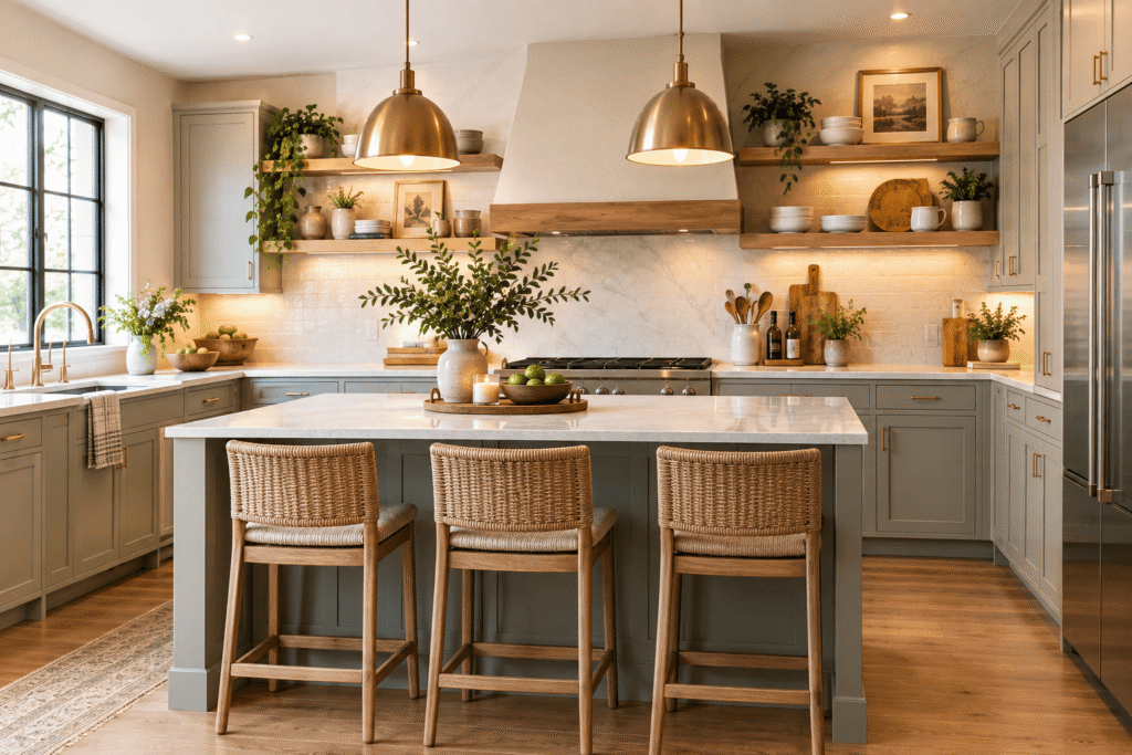Layered kitchen decor with cabinets lighting accessories and natural textures