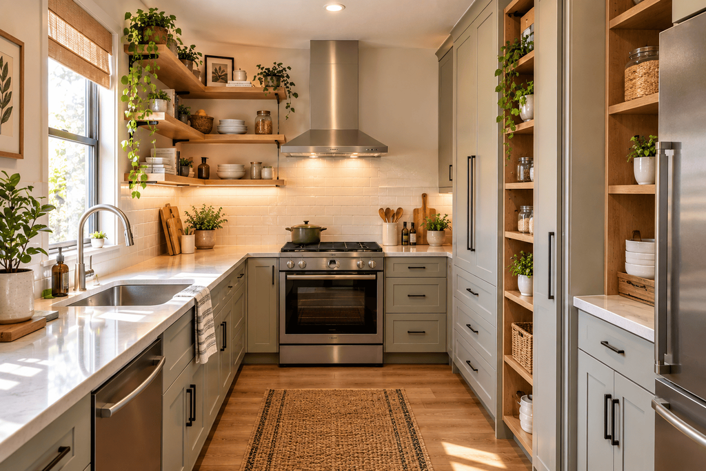 Small kitchen with vertical storage open shelves and organized decor