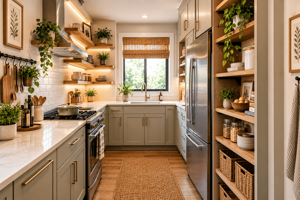 Elegant kitchen styling with greenery ceramics artwork and subtle decor